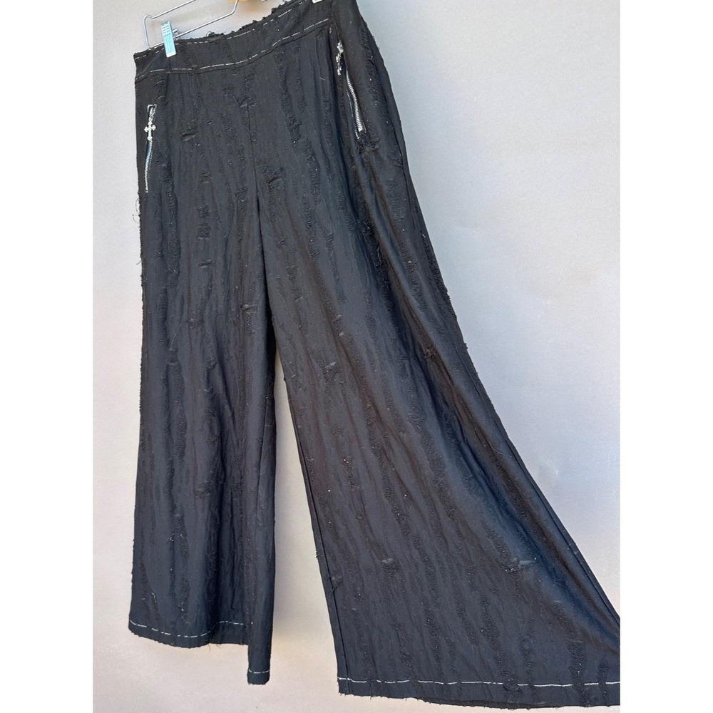 Y2K Black M Pants Wide Leg Goth Rave Skater Distressed Damage Pull on Zipper